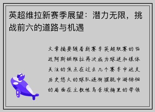 英超维拉新赛季展望：潜力无限，挑战前六的道路与机遇