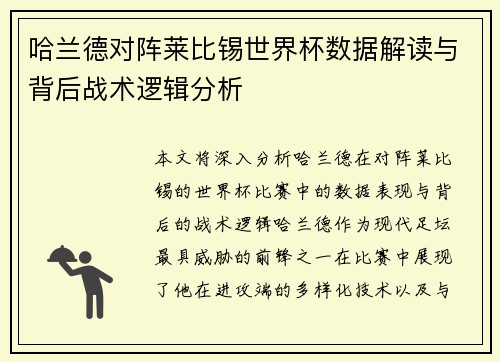 哈兰德对阵莱比锡世界杯数据解读与背后战术逻辑分析